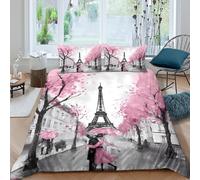 NAOFEKUID Housse de Couette Paris Romantique Impression 3D Microfibre Décor Chambre Ensemble de Literie Cerisier Doux Respirant pour Adultes Adolescents Super King（260x220cm）