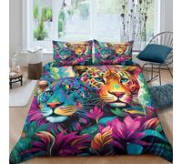 NAOFEKUID Léopard Artistique 3D Imprimé Housse de Couette Microfibre Décoration Chambre Parure de Lit Jungle Fleurie pour Adultes King（220x240cm）
