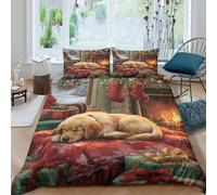 NAOFEKUID Motif Chien Chaleureux Housse de Couette 3D imprimée Microfibre décoration Chambre Parure de lit thème Noël Adulte Adolescent Douce Respirante Single（135x200cm）