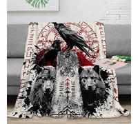 NAOFEKUID Style Nordique Plaid imprimé 3D Runes Vikings Loup Corbeau Microfibre déco canapé Couverture jetée Motifs Nordiques Toutes Saisons 40x50(100x130cm)