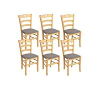 NAPLES - Lot de 6 Chaises Naturelles et Assises en Tissu Chiné Gris -