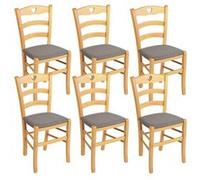 NAPLES - Lot de 6 Chaises Naturelles et Assises en Tissu Chiné Gris - Altobuy Marron G