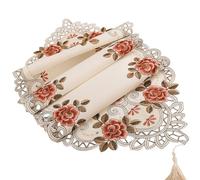 Nappe 40 x 85 cm et 40 x 176 cm brodée en dentelle ovale vintage rustique fleurs élégante décoration de salle à manger pour mariages, fêtes, réunions de famille (40 x 85 cm, rouge foncé)