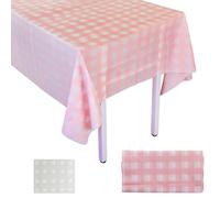 Nappe à carreaux rose et blanc - Jetable - En plastique - Avec drapeau à carreaux - Pour table de jardin, fêtes, Noël, mariage, pique-nique - 137 x 274 cm