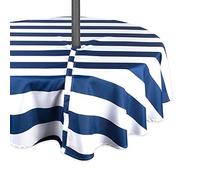 Nappe à fermeture Éclair DII - 100 % polyester, anti-déversement et lavable en machine - Pour une utilisation en extérieur et pour tables avec parasol - Ronde, 132 cm - Motifs représentants des feuilles de bananier - Pour 4 personnes, Nautical Blue Cabana Stripe, 60" Round-Zippered