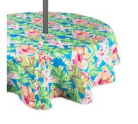 Nappe à fermeture Éclair DII - 100 % polyester, anti-déversement et lavable en machine - Pour une utilisation en extérieur et pour tables avec parasol - Ronde, 132 cm - Motifs représentants des feuilles de bananier - Pour 4 personnes, Motif fleurs d'été, 60" Round-Zippered