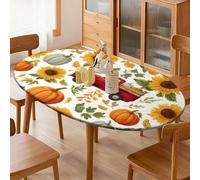 Nappe ajustée ovale en forme de grille de citrouille et de feuilles d'érable, avec bord élastique, résistante à l'eau, pour salle à manger, fête de mariage, 140 x 190 cm