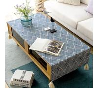Nappe basse avec pompons - Nappe nordique en coton et lin imperméable pour salon, style japonais, pour bureau, étude, réfrigérateur, meuble TV (bleu foncé, 50 x 160 cm)
