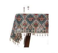 Nappe bohème 140 x 220 cm avec pompons - Nappe en polyester lavable pour protection contre les taches pour fête de jardin (motifs floraux)
