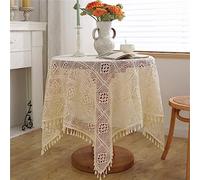 Nappe carrée en dentelle au crochet - Ivoire - Avec pompons - 120 x 120 cm - Vintage Country - Mélange de dentelle - Pour table à thé, café, salle à manger, fête, mariage, 119,4 x 119,4 cm