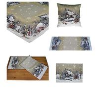Nappe, chemin de table, set de table, housse de coussin, tapisserie de Noël, motif village d'hiver, beige, marron, tons mélangés, coton mélangé, 40 x 100 cm