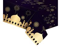 Nappe de fête noire en plastique pour Aïd, 130 x 220 cm, grande nappe imperméable Mubarak - Lune et étoile - Décorations de fête musulmane