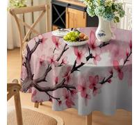 Nappe de Fleurs De Pêcher Aquarelle Imperméables Anti Tache Infroissables, Nappe Printemps Art D'intérieur et D'extérieur de 140cm Ronde pour Les Fêtes, Les Pique-niques et D'usage Quotidien QW33