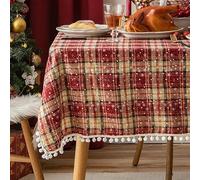 Nappe de Noël à carreaux avec pompon, décoration d'événement de Noël, nappe à carreaux en lin pour cuisine, salle à manger, 140 x 140 cm