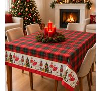 Nappe de Noël anti-taches pour table de Noël 12 places et 6 places | Casse-noix et ballerines, centre écossais, bandes ivoire, rectangulaire élégant, 100 % polyester, impression sur un côté