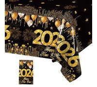 Nappe de Nouvel an 2026 Jetable, Décorations du Nouvel an, Or Noir Nappe Happy New Year, 130*220cm Linge de Table Imperméable Rectangulaire en Plastique, Décorations Bonne Année Fournitures de Fête