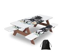 Nappe de pique-nique avec housses de banc, 182,9 cm, motif animaux de ferme, cheval noir, fleurs, imperméable, coupe-vent, avec bords élastiques, pour camping, terrasse