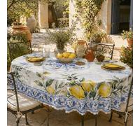 Nappe de table à carreaux bleus citron de Sorrente, housse de salle à manger méditerranéenne en polyester avec imprimé de branche d'agrume, feuille d'olivier et bordure en porcelaine, décoration d'été