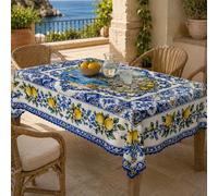 Nappe de table bleue Mallorca Citrus, en polyester, imprimée avec des branches de citron, des bordures de carreaux de céramique et des motifs de volutes florales, style méditerranéen d'été, convient p