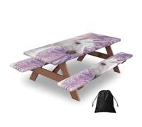 Nappe de table de pique-nique avec housses de banc, 183 cm, motif cheval blanc en violet, forêt scintillante, imperméable, coupe-vent, avec bords élastiques, pour camping, terrasse