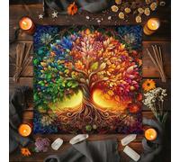 Nappe de table de tarot avec designs enchanteurs de l'arbre de vie, de cristaux mystiques, de fleurs et de phases de lune. Tapis d'autel de jeu de cartes de divination vintage d'astrologie et d'oracle
