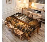 Nappe de Table Rectangulaire 140x240 cm Anti-Tache sans Repassage Motif 3D Bibliothèque Rétro Imperméable Polyester, Nappe Vue Fenêtre Bureau pour Longue Table & Jardin b.3529