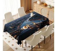 Nappe de Table Rectangulaire 140x240 cm Motif Ville Nocturne | Nappe en polyester imperméable anti-taches, motif urbain, idéale pour cuisine, salle à manger, terrasse et jardin