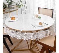 Nappe de table ronde transparente en plastique avec dentelle autour de la nappe en PVC, imperméable, résistante à l'huile, aux taches, facile à nettoyer pour table ronde