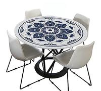 Nappe d'extérieur ronde 120 cm élastique ronde lavable - Imperméable - Effet lotus - Nappe de jardin - Gris - Mandala - Idéale pour 160 à 170 cm - Bleu et blanc