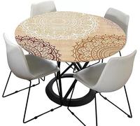 Nappe d'extérieur ronde 120 cm élastique ronde lavable - Imperméable - Effet lotus - Nappe de jardin - Gris - Mandala - Idéale pour 160 à 170 cm - Beige