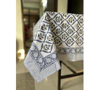 Nappe en coton imprimé à la main Bleu acier clair, vert olive, table de salle à manger, fête de ferme, mariage, maison, pendaison de crémaillère, fête prénatale