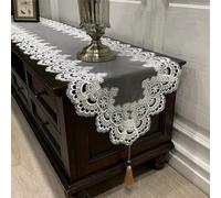 Nappe en dentelle de 40 x 100 cm pour table à thé, meuble TV, pendentif pompons, commode, housse anti-poussière pour restaurant, salon (4)