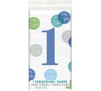 Nappe en plastique 1er anniversaire blanche et bleue 137 x 213 cm