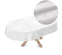 Nappe en toile cirée de luxe Ovale 280x150cm Damas Blanc Perle effet argenté amovible