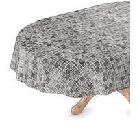 Nappe en toile cirée en vinyle lavable - Ovale - Bord coupé - Carrelage anthracite - 140 x 300 cm