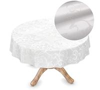 Nappe en Toile cirée Lavable de qualité supérieure - Ronde - en Vinyle - Blanc damassé - Nacre - Facile à Nettoyer - 150 cm