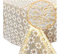 Nappe en toile cirée lavable en vinyle - Motif dentelle - 140 x 138 cm - Fleurs dorées - Facile à nettoyer