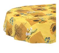 Nappe en Toile cirée - Lavable, Facile d'entretien et imperméable - Effet Lotus - Motif Tournesol - Ovale - 220 x 140 cm - Bord coupé