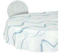 Nappe en Toile cirée - Lavable, Facile d'entretien - Imperméable - Effet Lotus - pour l'extérieur - Motif Vagues - Bleu - Ovale - 200 x 140 cm - Bord coupé