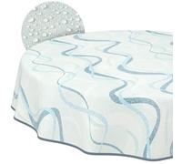 Nappe en Toile cirée Lavable, Facile d'entretien, imperméable, Effet Lotus, pour l'extérieur, Nappe de Jardin, Motif Vagues, Bleue, Ronde, 140 cm, avec Ourlet (bordée)