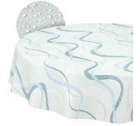 Nappe en Toile cirée Lavable, Facile d'entretien, imperméable, Effet Lotus, pour l'extérieur, Nappe de Jardin, Motif Vagues, Bleue, Ronde, 140 cm, Bord coupé