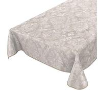 Nappe en Toile cirée Lavable pour Le Jardin, de Forme Ronde, Ovale ou rectangulaire, pour l'intérieur et l'extérieur, Motif Baroque vrillé, Beige-Gris Clair, 160 x 140 cm, avec Ourlet, Bordure
