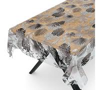 Nappe en toile cirée transparente - Film de protection de table - Motif imprimé - 0,15 mm d’épaisseur - Feuilles argentées et grises - 200 x 140 cm - Bord coupé - Rond - Ovale - Rectangulaire