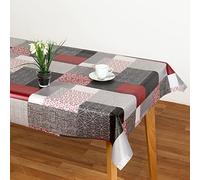 Nappe Hule Huletec avec impression de carreaux gris, rouge et blanc Mirka Red. Composition : 100 % PVC. (140_x_140_cm)