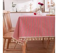Nappe Imperméable,Nappe Pastorale Rouge Et Blanche Rayures Rouges Ferme À Pampilles Couverture De Table Nappe En Coton Naturel Pour Table Rectangulaire Fête De Mariage Salle À Manger Banquet Décor,1