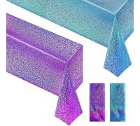 Nappe laser holographique bleue et violette 54 pouces x 108 pouces jetable Reine des Neiges Sirène Nappe de table de fête d'anniversaire Nappe de table en plastique pour sous la mer Océan Hiver