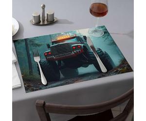 Nappe lavable en forme de camion monstre avec dents de requin dans la forêt pour salle à manger - Décoration d'intérieur rustique (1 pièce)