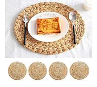 Nappe lavable, Napperons tissés ronds/ellipse/rectangle de 10 à 33 cm, sets table en jacinthe d'eau naturelle, rotin tressé paille, chargeurs la main(Ellipse 30 * 40cm)