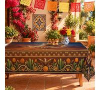 Nappe mexicaine sud-ouest aigle et cactus 152,4 x 304,8 cm | Style art sud-ouest, linge de table, bordures géométriques en zigzag, accents floraux de souci vibrants