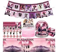 Nappe noire décorative pour anniversaire, banderole rose, vaisselle de fête, décoration pour une fête d'anniversaire - le kit parfait pour les fans